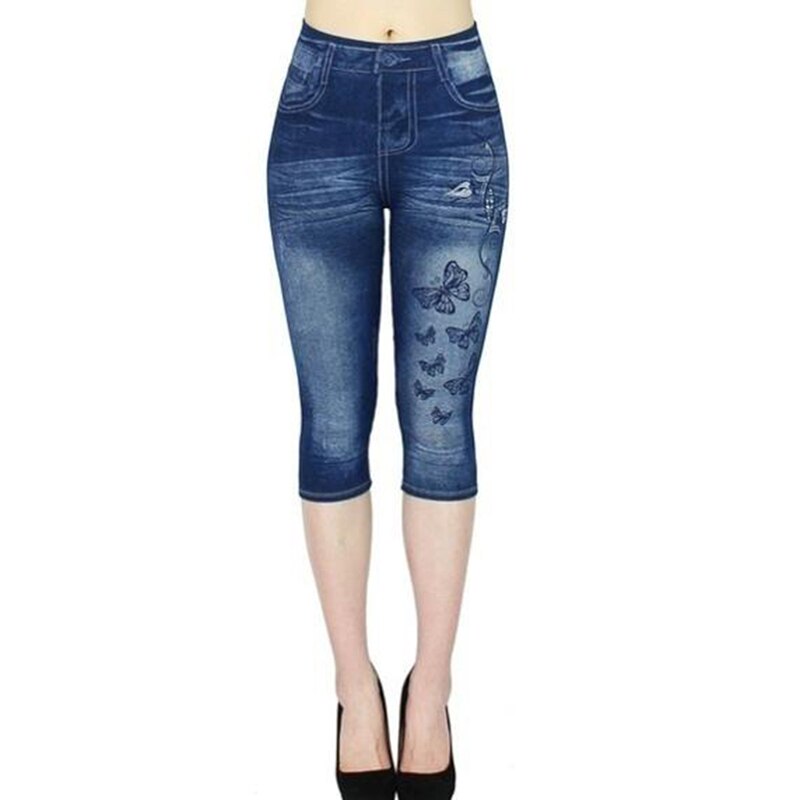 Women High Waist Perfect Fit Jeans Jeggings Faux Stretch Leggings Printed Short Skinny Classic Denim Pants 2021 Summ
